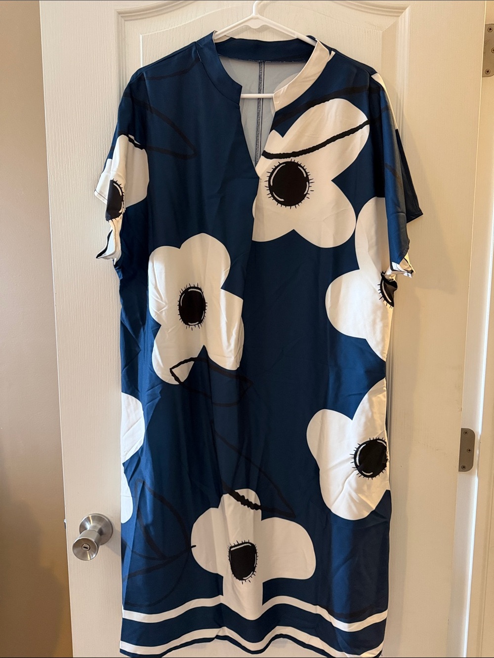 Navy Blue Floral Shift Dress with White Blooms